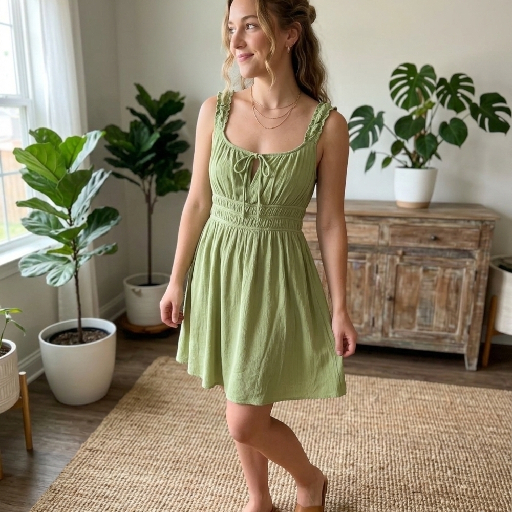 iris Light Green Smocked Tie-Front Mini Dress